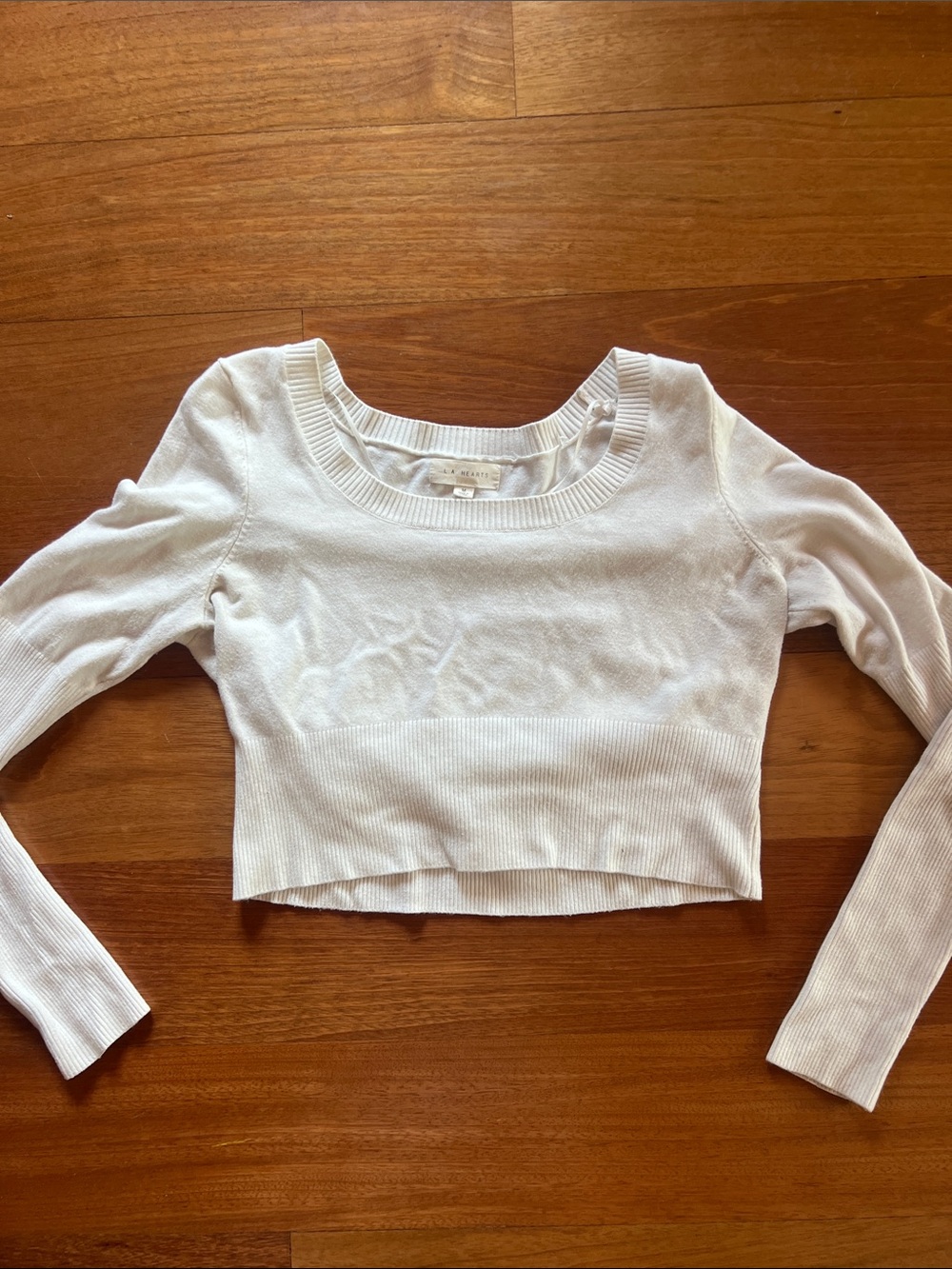 La Hearts White Cropped Long-Sleeve Scoop Neck Top